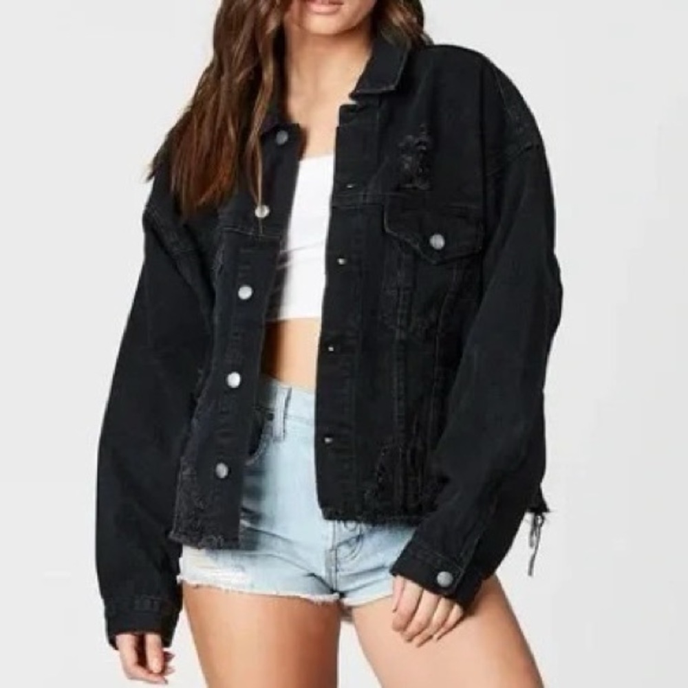LF Carmar Women's Black Oversized Distressed Denim Jacket